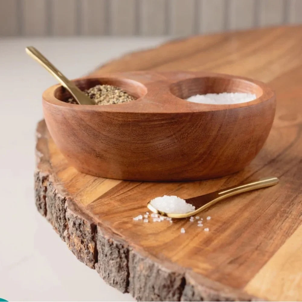 Karma acacia wood double pinch bowl with brass spoons - NWT